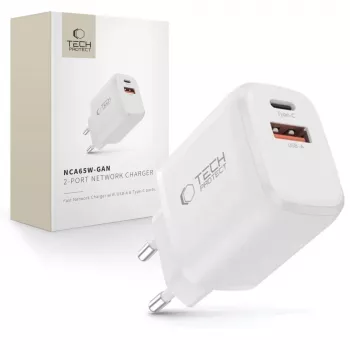 TECH-PROTECT NCA65W-GAN 2-ports nätverksladdare PD 65W / QC3.0 vit