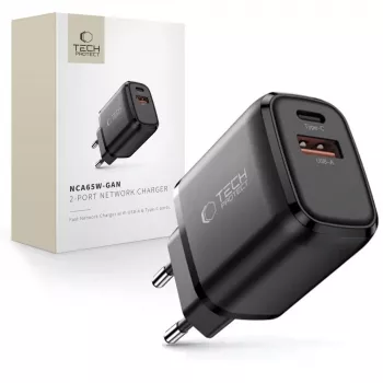 TECH-PROTECT NCA65W-GAN 2-ports nätverksladdare PD 65W / QC3.0 svart