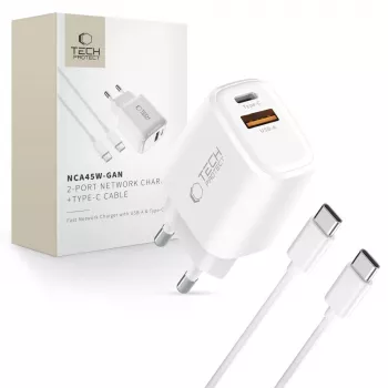 TECH-PROTECT NCA45W-GAN 2-ports nätverksladdare PD 45W / QC3.0 + USB-C-kabel vit