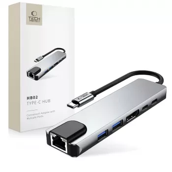 TECH-PROTECT HB02 HUB-adapter 6-i-1 USB-C + USB 2.0 + USB 3.0 + HDMI 4K 30Hz + RJ45 + PD 100W Space Grey