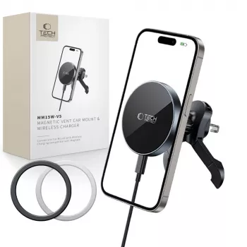 TECH-PROTECT MM15W-V5 magnetisk MagSafe stabil ventilhållare för bil med trådlös laddning 15 W svart/svart