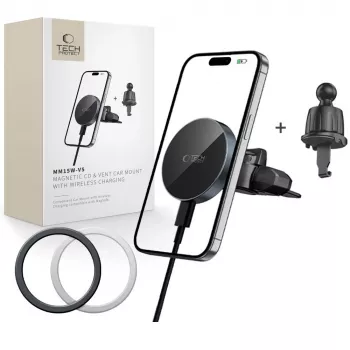 TECH-PROTECT MM15W-V5 Magnetiskt MagSafe CD- & ventilationsfäste för bil, trådlös laddare 15W svart
