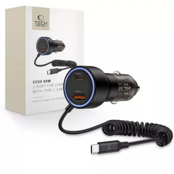 TECH-PROTECT CC05 2-portars bilbatteriladdare PD 60W + kabel svart