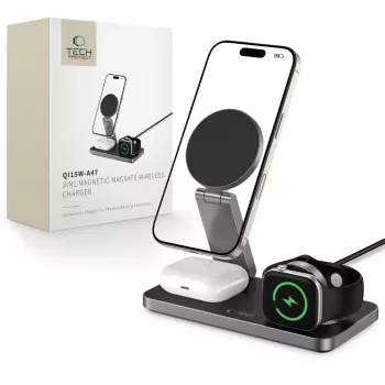 TECH-PROTECT QI15W-A47 3IN1 Magnetisk MagSafe trådlös laddare, svart