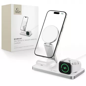 TECH-PROTECT QI15W-A47 3-i-1 Magnetisk MagSafe trådlös laddare, vit
