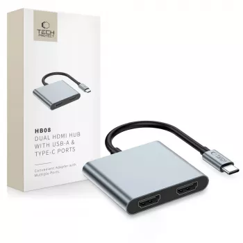 TECH-PROTECT HB08 Hub-adapter 4-i-1 USB-C + USB 2.0 + 2x HDMI 4K 60Hz Space Grey