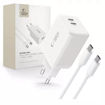 TECH-PROTECT NC45W-GAN 2-ports nätladdare PD 45W + USB-C-kabel vit