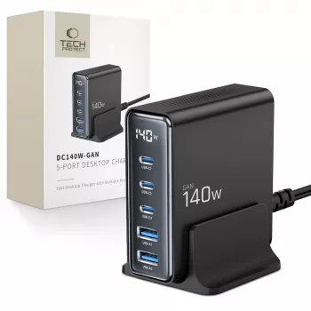 TECH-PROTECT DC140W-GAN 5-ports skrivbordsladdare PD 140W / QC3.0 svart