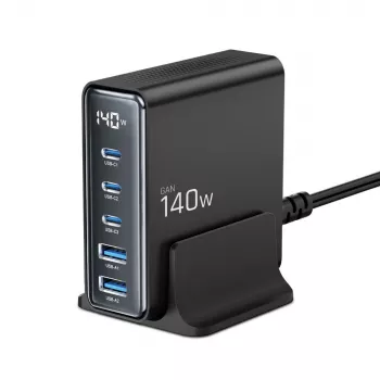 TECH-PROTECT DC140W-GAN 5-ports skrivbordsladdare PD 140W / QC3.0 svart