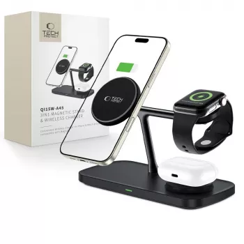 TECH-PROTECT QI15W-A45 3-i-1 magnetisk MagSafe trådlös laddare svart