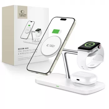 TECH-PROTECT QI15W-A45 3-i-1 magnetisk MagSafe trådlös laddare vit