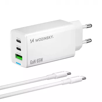Wozinsky GaN 65W laddare med USB-A och 2x USB-C-anslutningar och USB-C-kabel 65W – vit