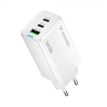 Wozinsky GaN 65W laddare med USB-A och 2x USB-C-anslutningar och USB-C-kabel 65W – vit