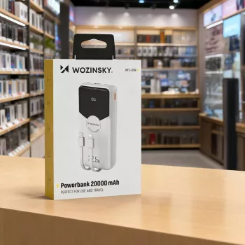 Powerbank Wozinsky WFC-15W 20000mAh 22,5W PD20W med inbyggda Lightning- och USB-C-kablar – vit