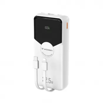 Powerbank Wozinsky WFC-15W 20000mAh 22,5W PD20W med inbyggda Lightning- och USB-C-kablar – vit