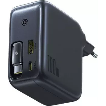 Baseus EnerCore CJ11 100W GaN-nätadapter med infällbar USB-C-kabel, 2 USB-C- och 1 USB-A-port, svart