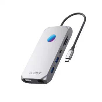 ORICO XCR 12-i-1 USB-C dockningsstation med RGB, 3x USB-A 3.1, 1x USB-A 2.0, 1x USB-C PD 100W, 1x USB-C 3.1, 1x HDMI 1.4 4K 30Hz, 1x VGA 1080p, 1x microSD/SD 3.0, 1x RJ45 Gigabit Ethernet, 1x ljud CTIA 3,5 mm – grå