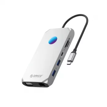 ORICO XCR 12-i-1 USB-C dockningsstation med RGB, 3x USB-A 3.1, 1x USB-A 2.0, 1x USB-C PD 100W, 1x USB-C 3.1, 1x HDMI 1.4 4K 30Hz, 1x VGA 1080p, 1x microSD/SD 3.0, 1x RJ45 Gigabit Ethernet, 1x ljud CTIA 3,5 mm – silver