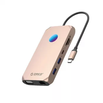 ORICO XCR 12w1 RGB USB-C dockningsstation, 12-i-1, 3x USB-A 3.1, 1x USB-A 2.0, 1x USB-C PD 100W, 1x USB-C 3.1, 1x HDMI 1.4 4K 30Hz, 1x VGA 1080p, 1x microSD/SD 3.0, 1x RJ45 Gigabit Ethernet, 1x ljud CTIA 3,5 mm, roséguld