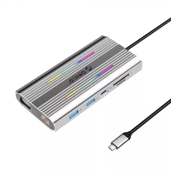 ORICO XDR 12-i-1 USB-C dockningsstation med RGB, 2x HDMI 4K 60Hz, VGA, RJ45 Gigabit, SD/microSD-kortläsare, 100W PD, grå