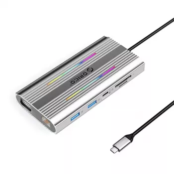 ORICO XCR 12-i-1 USB-C dockningsstation med RGB, 3x USB-A, USB-C PD 100W, HDMI 4K, VGA, RJ45 Gigabit, SD/microSD-kortläsare – silver