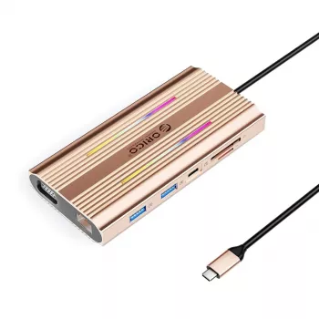 ORICO XDR 12-i-1 USB-C dockningsstation RGB, 3x USB-A, USB-C PD 100W, HDMI 4K, VGA, RJ45 Gigabit, SD/microSD-kortläsare – roséguld