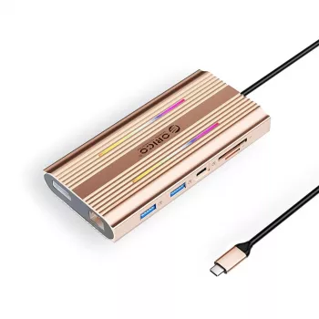ORICO XDR 12-i-1 USB-C dockningsstation med RGB, 2x HDMI 4K 60Hz, DisplayPort 4K 60Hz, Gigabit Ethernet, 100W PD, SD/microSD-kortläsare – roséguld