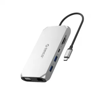 ORICO XCR 12-i-1 USB-C dockningsstation med 2x HDMI 4K 60Hz, VGA, USB-A 3.1, USB-C PD 100W, Gigabit Ethernet, SD/microSD, ljud – grå