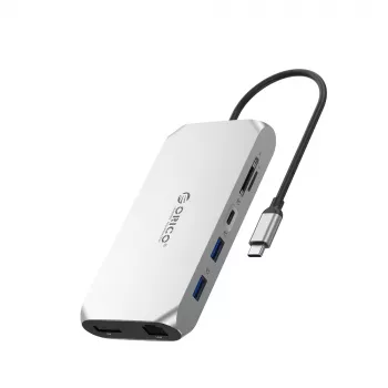 ORICO XCR 12-i-1 USB-C dockningsstation, 2x USB-A 3.1, 1x USB-A 2.0, 1x USB-C PD 100W, 1x USB-C 3.1, 2x HDMI 2.0 4K 60Hz, 1x DisplayPort 1.4 4K 60Hz, SD/microSD 3.0, RJ45 Gigabit Ethernet, 3,5 mm ljud CTIA, silver
