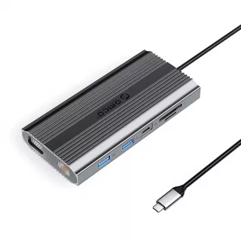 ORICO XDR 12-i-1 USB-C dockningsstation med USB-A, USB-C PD 100W, HDMI 4K, VGA, RJ45 Gigabit, SD- och microSD-kortläsare – grå