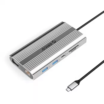 ORICO XDR 12-i-1 USB-C dockningsstation med 4K HDMI, VGA, Gigabit Ethernet, 100W PD, SD/microSD-kortläsare – silver