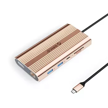 ORICO XDR 12-i-1 USB-C dockningsstation med 2x HDMI 4K 60Hz, DisplayPort 4K 60Hz, Gigabit Ethernet, 100W PD, SD/microSD-kortläsare – roséguld
