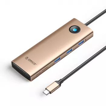 ORICO PW11 USB-C dockningsstation 9-i-1, 3x USB-A 3.0, 1x USB-C PD 100W, 1x HDMI 4K 60Hz, 1x VGA 1080P 60Hz, 1x microSD/SD, 1x RJ45 Gigabit Ethernet – roséguld