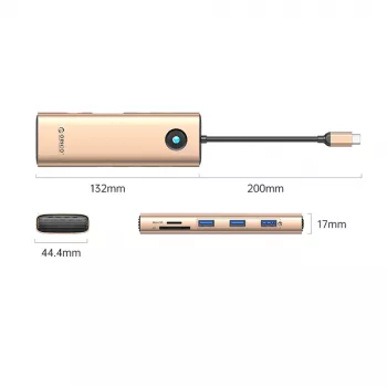 ORICO PW11 USB-C dockningsstation 9-i-1, 3x USB-A 3.0, 1x USB-C PD 100W, 1x HDMI 4K 60Hz, 1x VGA 1080P 60Hz, 1x microSD/SD, 1x RJ45 Gigabit Ethernet – roséguld