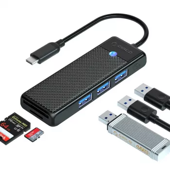 ORICO PAPW3AT-U3 4-ports USB 3.0-hubb med SD/microSD-kortläsare, 1,8 m kabel, svart