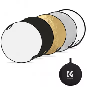 K&F Concept 5-i-1 rund fotoreflektor med handtag 80 cm (32 inch) – guld/silver/vit/svart/genomskinlig diffusor för porträtt-, studio- och utomhusfotografering