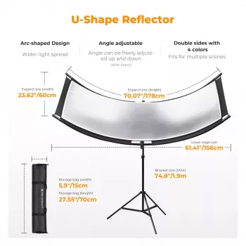 K&F Concept U-formad 4-i-1 böjd reflektor 180x60 cm med ljusstativ och bärväska