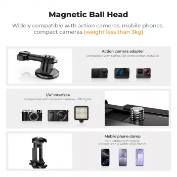 KF 3D-kulhuvud magnetiskt stativfäste för GoPro smartphone kamera med 1/4 inch gänga KF31.156 svart