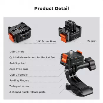 KF snabbspänningsadapter med USB-C-laddfunktion för DJI Osmo Pocket 3/4, GoPro-hållare, 1/4 inch gänga, svart