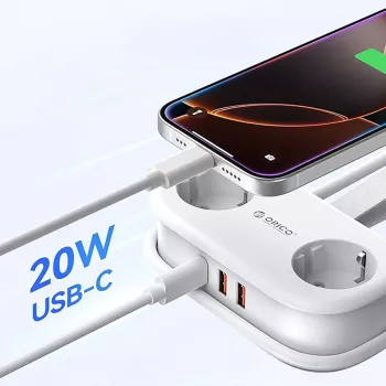 ORICO AP3 20W GaN-grenuttag 5-i-1 2x AC + 2x USB-A + 1x USB-C – vit