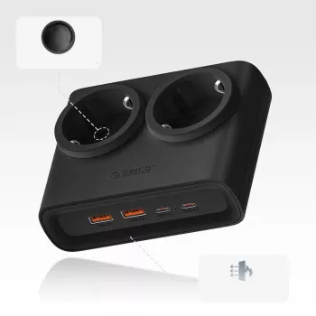ORICO PDC25 25W 6-i-1 förgreningsdosa med 2 AC-uttag, 2 USB-A- och 2 USB-C-portar – svart
