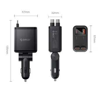 ORICO Twin Reach 45W USB-A + USB-C billaddare med två infällbara USB-C-kablar – svart