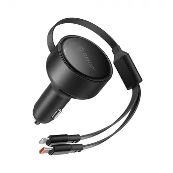 ORICO Dual Stretch 60W USB-C biladdare med två indragbara kablar USB-C + Lightning - svart