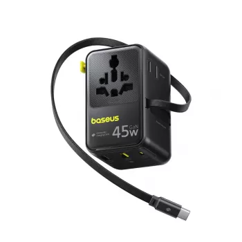 Baseus PicoGo AG11 45W 6-i-1 universell reseadapter med utdragbar USB-C-kabel – svart