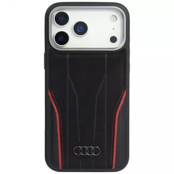 Audi R8 äkta läder MagSafe-skal för iPhone 15 Pro svart med röda accenter