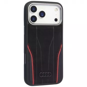 Audi R8 äkta läder MagSafe-skal för iPhone 15 Pro svart med röda accenter