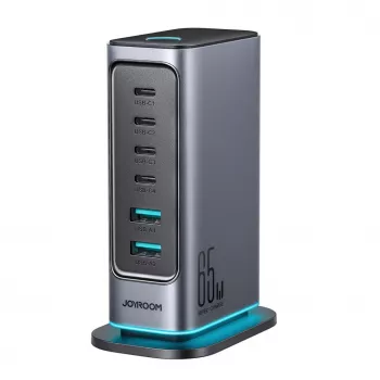 Joyroom JR-TCM02 GaN 65W flerportsladdare 4x USB-C 2x USB-A EU-kontakt mörkgrå