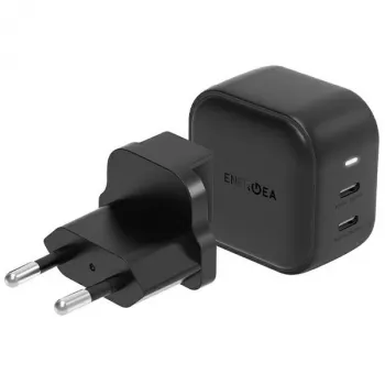 ENERGEA Travelite GAN45 45W GaN USB-C tvåports reseadapter med US+EU-adaptrar, svart