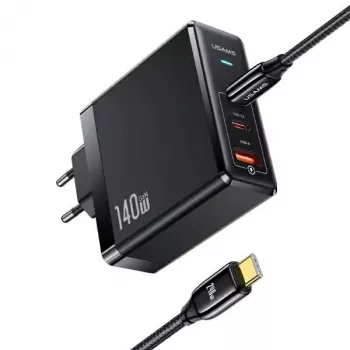 USAMS T52PD140W 140W GaN-nätaggregat med 240W USB-C-kabel, 2xUSB-C + 1xUSB-A, PD-snabbladdning, svart (US-CC168 + US-SJ581) UM-serie UMXLOGTC01
