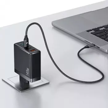 USAMS T52PD140W 140W GaN-nätaggregat med 240W USB-C-kabel, 2xUSB-C + 1xUSB-A, PD-snabbladdning, svart (US-CC168 + US-SJ581) UM-serie UMXLOGTC01